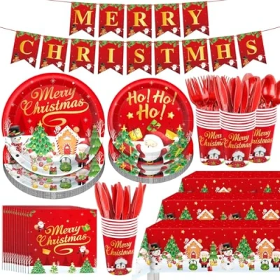 Afbeelding van KAHEIGN 170 stuks kerstpapier feestservies set, 24 x dinerborden en saladeborden, 270 ml kopjes, servetten, herbruikbaar mes vork lepel, 1 tafelkleed &amp; banner voor kerstfeest