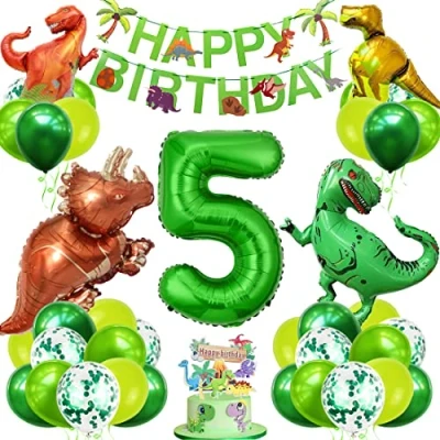 Afbeelding van verjaardag dinosaurus, ballon 5 jaar, nummer 5, groen, helium, verjaardagsdecoratie, jaar jongens, cijfer