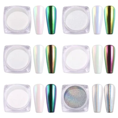 Afbeelding van AIMEILI 6 Jar Nail Art Chameleon Chrome Mirror Powder Set Pearl Shell Glitter Dust Kleurveranderende nagelpoeder Ombre Holografische laserpoeder Gel Metallic manicurepigment