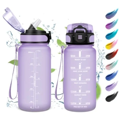 Afbeelding van Drinkfles, 500 ml, motiverende waterfles met rietje, lekvrij, gemakkelijk te openen, sportwaterfles tijdweergave, drinkfles voor fitness, fietsen, school