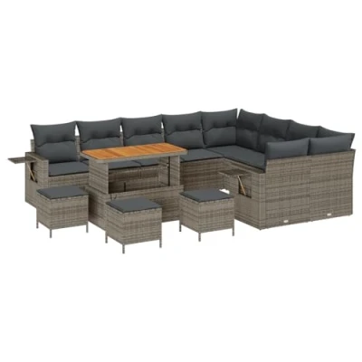 Afbeelding van vidaXL 13 delige Tuin Sofa Set met Kussens Grijs Poly Rattan Acacia, 4 Eet Acacia