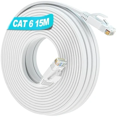 Afbeelding van LAN kabel 15 Meter platte band, Cat 6 netwerkkabel wifi 15m witte hoge snelheid gigabit ethernetkabel lange internetkabel RJ45 dunne patchkoord flexibel compatibel met Cat.5 Cat.5e