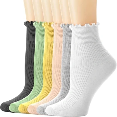Afbeelding van DRESHOW 6 Paar Vrouwen Ruffle Frilly Sokken Mooie Ruches Trim Enkel voor Casual Enkelsokken Katoenen Crew Knit