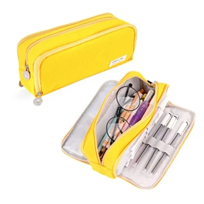 Afbeelding van iSuperb Etui Grote Potloodzak Capaciteit Potloodtas Make up Tas Canvas Briefpapier Doos Cosmetische Schoolbenodigdheden voor Studenten Kantoor Opslag College Organisator Gift (Geel)