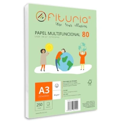 Afbeelding van 80 g A3 vellen verpakking met 250 witte vellen, multifunctioneel papier voor school en werkomgeving. Ideaal laserprinters, inkjetprinters of kopieerapparaten. Ofituria