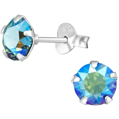 Afbeelding van JoyS Zilveren ronde oorbellen kristal blauw paarlemoer 6 mm oorknoppen sterling zilver 925