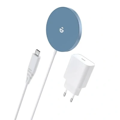 Afbeelding van Mag Safe oplader met USB C adapter, snelle magnetische draadloze voor iPhone 15/14/13/12 series en AirPods Ultra Slim Inductief draadloos opladen (blauw)