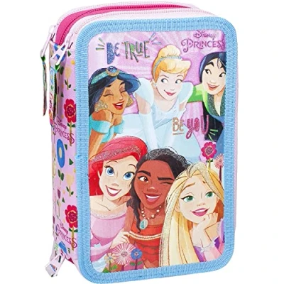 Afbeelding van Clondo Drievoudige Gevulde Etui Voor Meisjes, Prinsessen Fans, 45 Basisschool Accessoires, Pennenetui 3 Ritsen, Georganiseerde Vakken, Jasmine, Ariel, Moana, Cinderella, Ariel