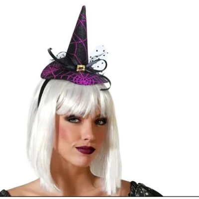 Afbeelding van Halloween heksenhoed mini hoedje op diadeem one size zwart/paars meisjes/dames Verkleedhoofddeksels