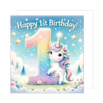 Afbeelding van Edition Seidel Premium vierkante verjaardagskaart 1e verjaardag met envelop. Wenskaart spreuk Happy Birthday Billet kaart voor meisjes kind eenhoorn roze (GQ259 SW024)