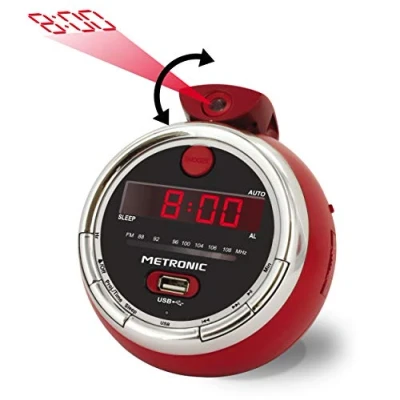 Afbeelding van Metronic 477024 Cherry FM wekker, USB projectie, dubbel alarm, met slaap /sluimerfuncties, tijdbesparende batterijen, rood