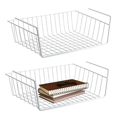 Afbeelding van Opbergrek opbergmand, 2 stuks hangmand, metalen rek voor onder kast, mand, organizer, plankophangmand keuken, kantoor, eetkamer, badkamer, kast (wit)