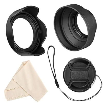 Afbeelding van Veatree 67mm zonnekapset, opvouwbare rubberen zonnekap met filterdraad + omkeerbare tulpenbloem centrale pinch lensdop microfiber lensreinigingsdoekje