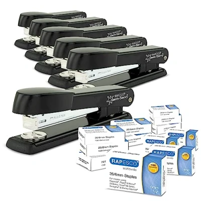 Afbeelding van Rapesco 1733 Business Pack: 6 Germ Savvy Antibacteriële Marlin nietmachines, 25 Vel Nietcapaciteit en 12 Dozen 1000 x 26/6 mm Nietjes, Zwart