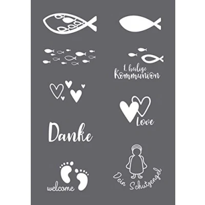 Afbeelding van Rayher 45134000 zeefdruksjabloon gelegenheid (geboorte, communie, bruiloft), A5, 1 sjabloon met 9 motieven + rakel, voor leuke prints op textiel, hout, beton enz.