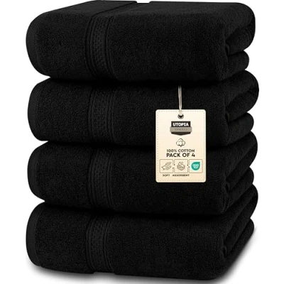 Afbeelding van Utopia Towels Badhanddoekenset, 4 pack Premium 100% Ring Spun Cotton Snel droog, zeer absorberend, zacht aanvoelende handdoeken, perfect voor dagelijks gebruik, 69 x 137 cm (Zwart)