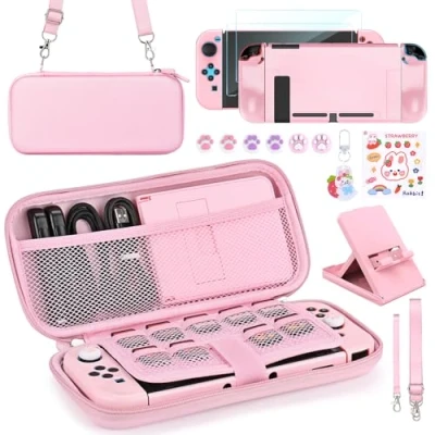 Afbeelding van Younik Schakelaar Accessoires Bundel, 15 in 1 Roze Kit voor Meisjes Inclusief Draagtas met 9 Game Kaartsleuven, Verstelbare Stand, Beschermhoes Schakelconsole &amp; J Con