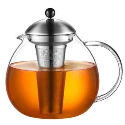 Afbeelding van glastal Glas Zilver Theepot 2000ml met 18/8 Roestvrij Staal Theezeefje Borosilicaatglas Theemaker op Fornuis Glazen Verwijderbaar Zeefje