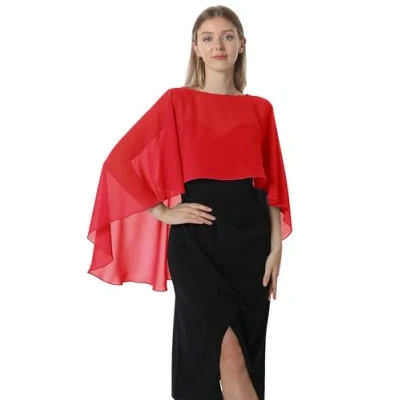 Afbeelding van Hotshawl Capelets voor vrouwen, chiffon cape, sjaals en wraps avondjurk, bruiloft, cover up., Rood, Eén Maat