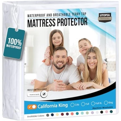 Afbeelding van Utopia Bedding Waterproof Mattress Protector California King Size, Premium Terry Cover 200 GSM, Breathable, Fitted Style with Stretchable Pockets (White)