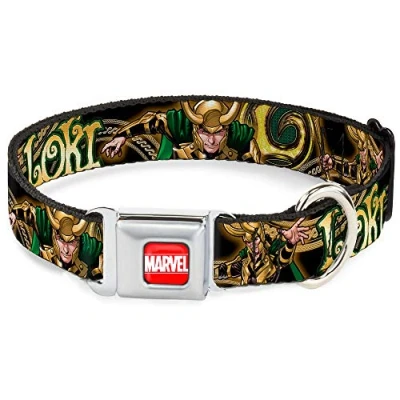 Afbeelding van Buckle Down Veiligheidsgordelgesp hondenhalsband LOKI Poses Zwart/Goud/Groen 1&quot; Breed Past 9 15&quot; Nek Klein