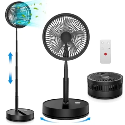 Afbeelding van FGRYB Oscillant Staande ventilator, draagbaar, stil, met afstandsbediening, 9 inch, opvouwbaar, vloer/salontafel, 4 modi/timer, 7200 mAh, USB, oplaadbaar, voetstuk, ventilator voor