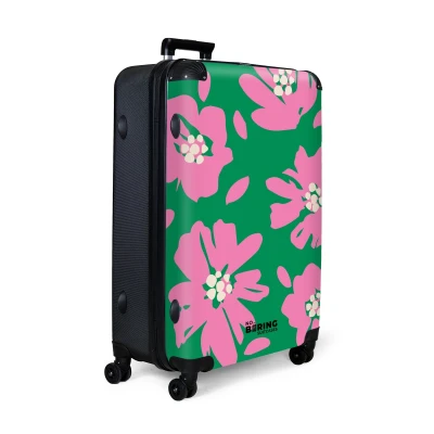 Afbeelding van NoBoringSuitcases.com® Koffer groot Reiskoffer lichtgewicht Groen met roze bloemen Rolkoffer 4 wielen Grote trolley XL 98 liter bagage
