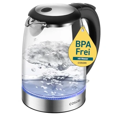 Afbeelding van COSORI Waterkoker, glas met upgrade roestvrijstalen filter en binnendeksel, BPA vrij, 1,7 liter, waterkoker blauwe led, droogbescherming, 2200 watt, snel opwarmen