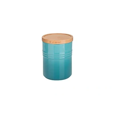 Afbeelding van Le Creuset Middelgrote voorraadpot van aardewerk met houten deksel, aardewerk, 540 ml, 10 cm, Caribbean Blue, 91044401490099
