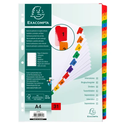 Afbeelding van Exacompta ref. 1131E Wit kartonnen tabbladen 160g/m2 FSC® met 31 numerieke gedrukte tabs van 1 tot in kleur Afdrukbare indexpagina Formaat A4 Afmetingen: 22,5x29,7 cm