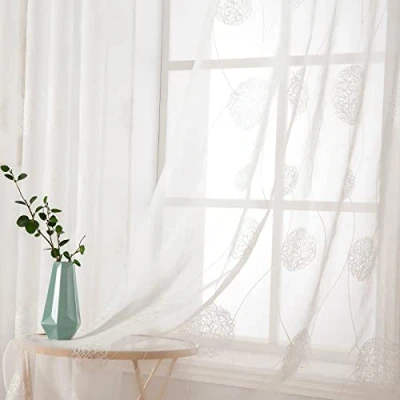 Afbeelding van MIULEE Gordijn, wit, woonkamer, modern, met borduurpatroon, tule, transparant, oogjes, decoratie voor binnen, raam, slaapkamer, 2 stuks, x 140 260 cm