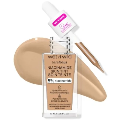 Afbeelding van Wet n Wild Bare Focus Niacinamide Skin Tint, Lichte Foundation met Opbouwbare Formule, Verrijkt HyaluronZuur en Vitamine E voor een Stralende Look, Amber Beige