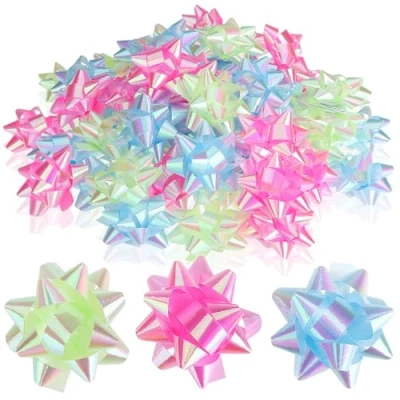 Afbeelding van Wilhelm Sell® 60x zelfklevende geschenkstrikken 5 x 2 cm kleurrijke strikken voor geschenken decoratieve kant en klare Kerstmis, verjaardagen bruiloften (lichtblauw/roze/groen)