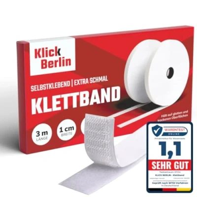 Afbeelding van Klick Berlin klittenband zelfklevend 1 cm x 3 m Extra smal plakband plakt op vele oppervlakken klittenbandsluiting 10 mm breed, meter lang wit