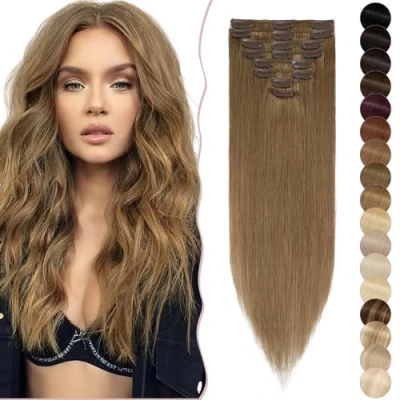 Afbeelding van SEGO Clip in Extensions Echthaar Haarverlängerung Haarteil 8 Tressen leicht hitzebeständig glatt Hellbraun#6 16&quot;(40cm) 65g