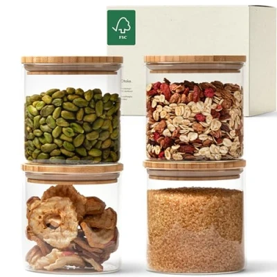 Afbeelding van KIVY voorraadpotten set [4 x 600ml] Stapelbare kleine potten met deksels van duurzaam bamboe, glazen glas, potjes deksel, voorraadbussen meel, voorraaddozen granen