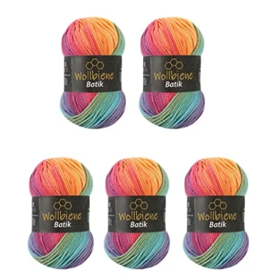 Afbeelding van 5 x 100 g Batik wolbijen 500 gram wol met kleurverloop, meerkleurig, breiwol, haakwol (5040 pastelregenboog)
