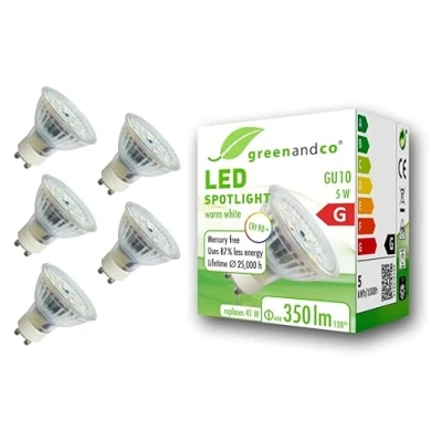 Afbeelding van 5x greenandco® CRI90+ 3000K 110 LED spot vervangt 41 Watt GU10 halogeenspot, 5W 350 lumen warmwit 230V AC, flikkervrij, niet dimbaar