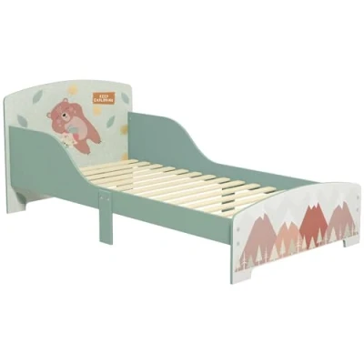 Afbeelding van ZONEKIZ Kinderbed vloerbed voor kinderen van 3 tot 6 jaar met veiligheidshekken en motieven afmetingen 77 x 143 60 cm lattenbodem inbegrepen groen