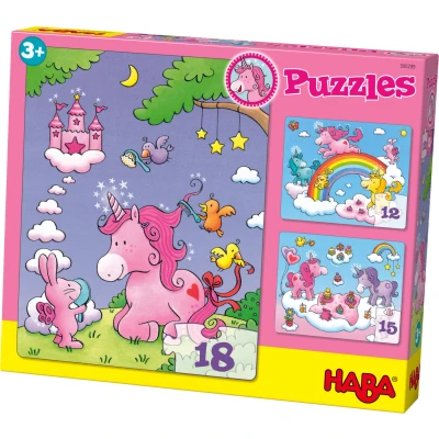 Afbeelding van Haba puzzel 3 in 1 Glitter Unicorn / Eenhoorn 12,15,18 stukjes