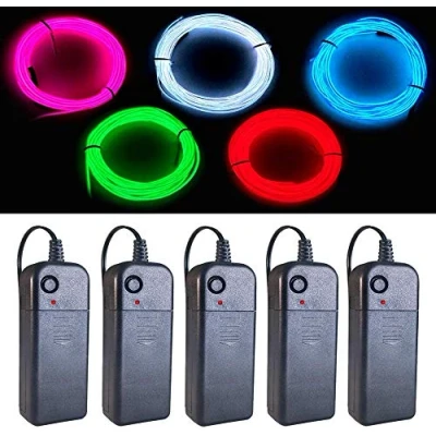 Afbeelding van EL Wire 5 kleuren, 2,7 m neon lichtdraad, stuks ruisonderdrukking met batterijpakket (groen, blauw, rood, wit, roze) voor Halloween decoraties, doe het zelf kostuum