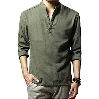 Afbeelding van Hoerev Merk Mannen Casual Lange Mouw Linnen Shirts Strand Henley Top Shirts, Groen, S