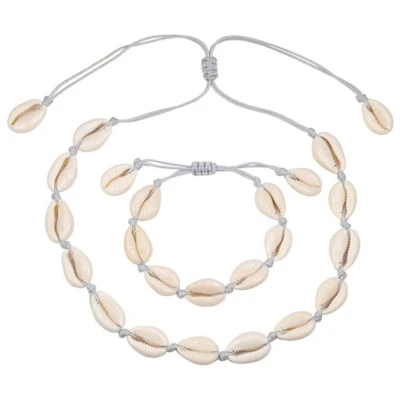 Afbeelding van Fako Bijoux® Schelpjes Ketting &amp; Armband Choker Schelpen Set Grijs