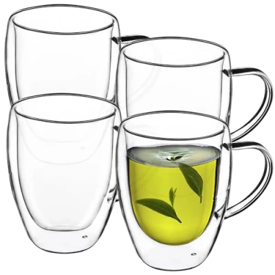 Afbeelding van KADAX Dubbelwandige glazen mok, glas met handvat, 270 ml, drinkglas voor sap, thee, koffie, drank, water, ijsthee, cappuccino, universeel glas, theeglas, hoogwaardige kwaliteit (4)