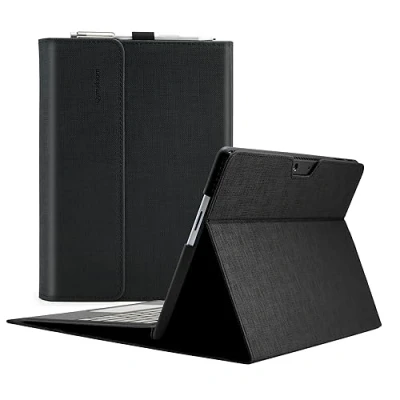 Afbeelding van Qymaksom Hoes voor Microsoft Surface Pro 9 13 inch (2022), lederen beschermhoes tas met meerdere hoeken, compatibele toetsenbordhoes penhouder, zwart