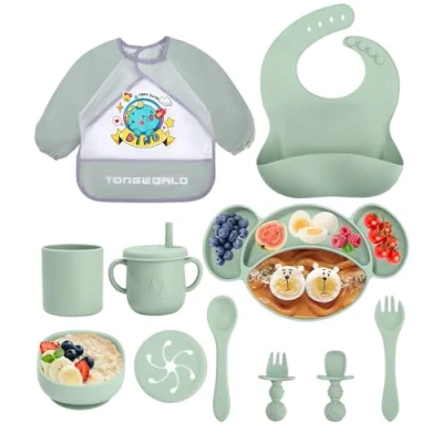 Afbeelding van Jissta siliconen babyserviesset, babyborden, 11 delige set, kinderbord met zuignap, waterdichte babyslabbetjes, borden, antislip, BPA vrij, groen