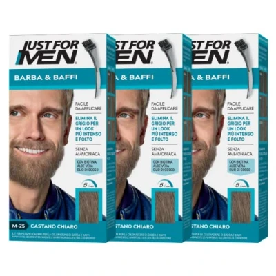 Afbeelding van Just for Men Baard &amp; snor M25 Baardkleur voor heren, lichtbruin, verven, verwijdert grijs haar, met applicatorkam, 3 stuks