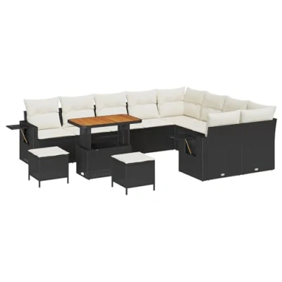 Afbeelding van vidaXL 12 delige Tuinsofa Set met Kussens Zwart Poly Rattan Acacia, 3 Tuin Eetset Acacia