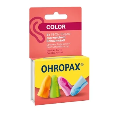 Afbeelding van OHROPAX Color Oordopjes, in ear oordopjes van zacht schuim, bijzonder comfortabel, ook bij langdurig dragen, geluidsisolatiewaarde SNR 35 dB, ideaal voor feestjes, evenementen en pauze, 8 stuks