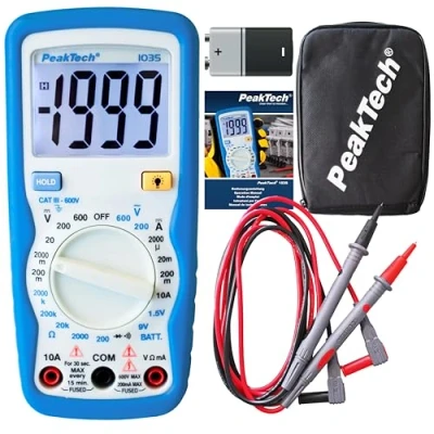 Afbeelding van PeakTech 1035 RMS digitale multimeter CAT III met display licht, batterijtester, spanningsmeter, handmultimeter, meetinstrument, voltmeter, elektronische stroommeter, doorgangsmeter max. 600 V.